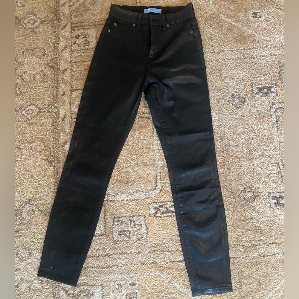 7 For All Mankind The High Waist Ankle Skinny With Faux Pockets in Black Coated
